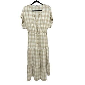 Madewell front button tiered midi plaid women’s size medium beige dress